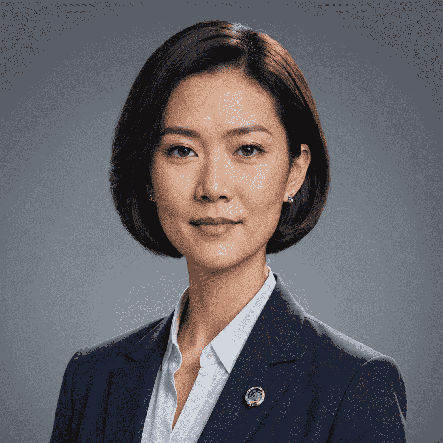 Portrait of Sarah Chen, CEO of Terrabank Consulting. She has short black hair and is wearing a sleek, navy blue suit with a holographic pin on the lapel. Her expression is confident and forward-looking.
