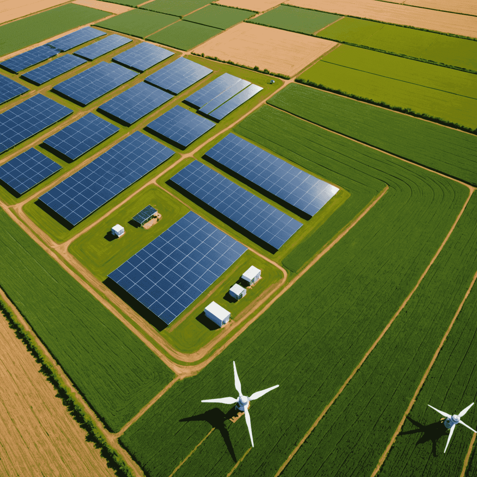 Aerial view of sustainable farm with solar panels, wind turbines, and diverse crop fields showcasing innovative eco-friendly farming techniques