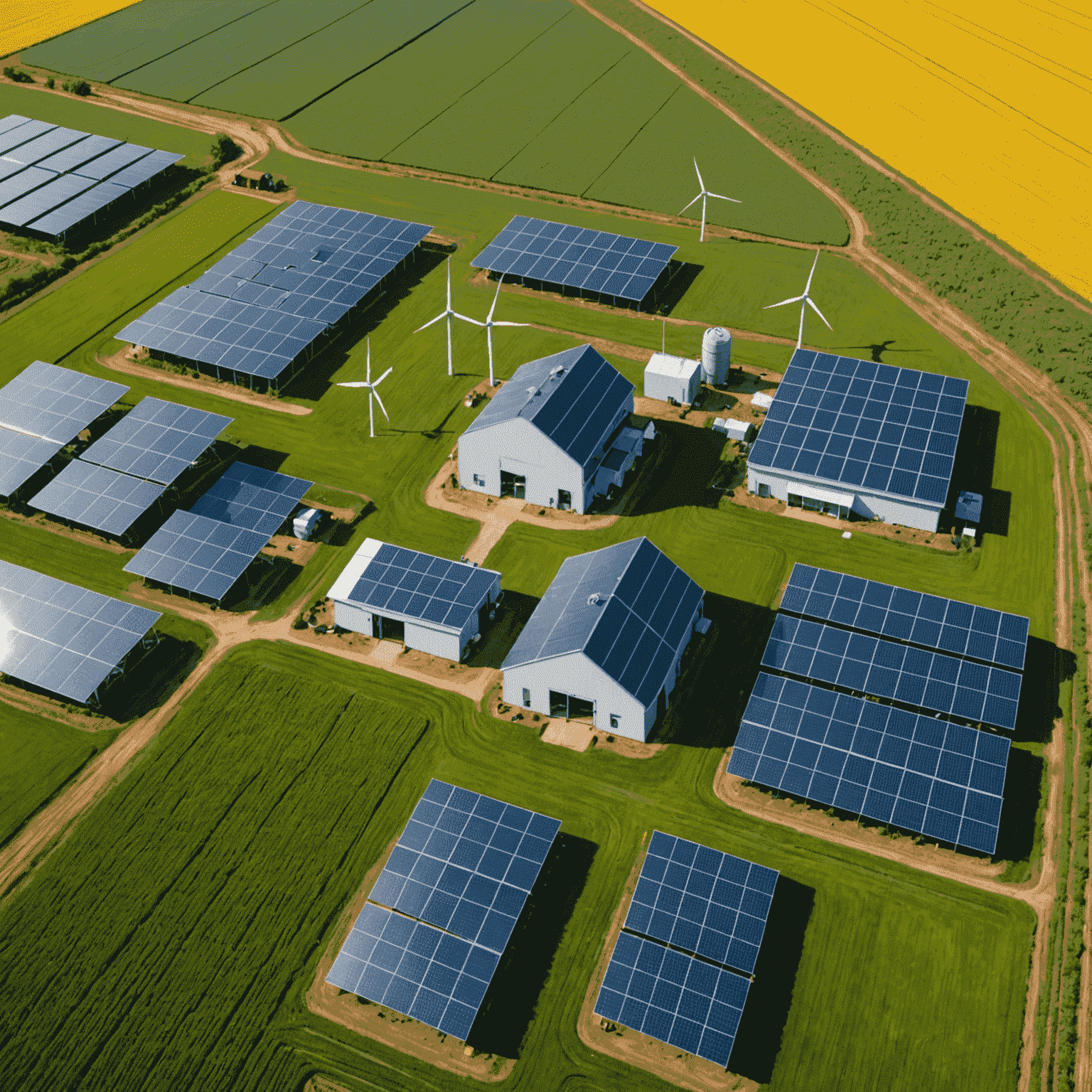 Aerial view of a modern sustainable farm with solar panels, wind turbines, and diverse crop fields showcasing innovative eco-friendly farming techniques