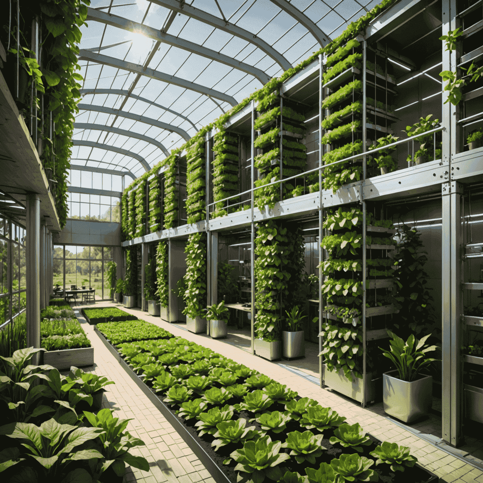 Futuristic farm with advanced irrigation systems, solar panels, and vertical gardens showcasing sustainable agriculture practices