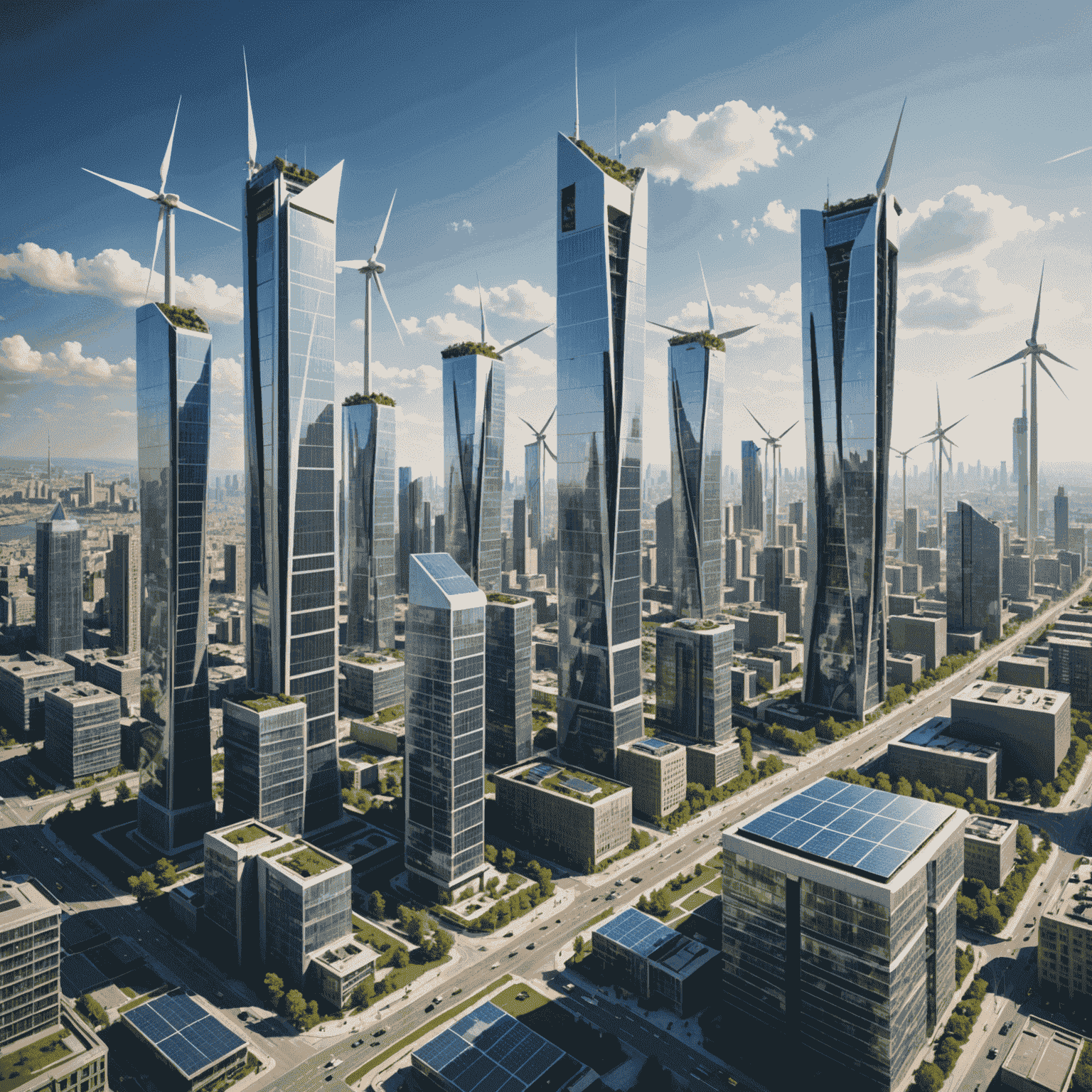 Futuristic cityscape with solar panels and wind turbines integrated into sleek skyscrapers, showcasing a harmonious blend of urban development and renewable energy sources