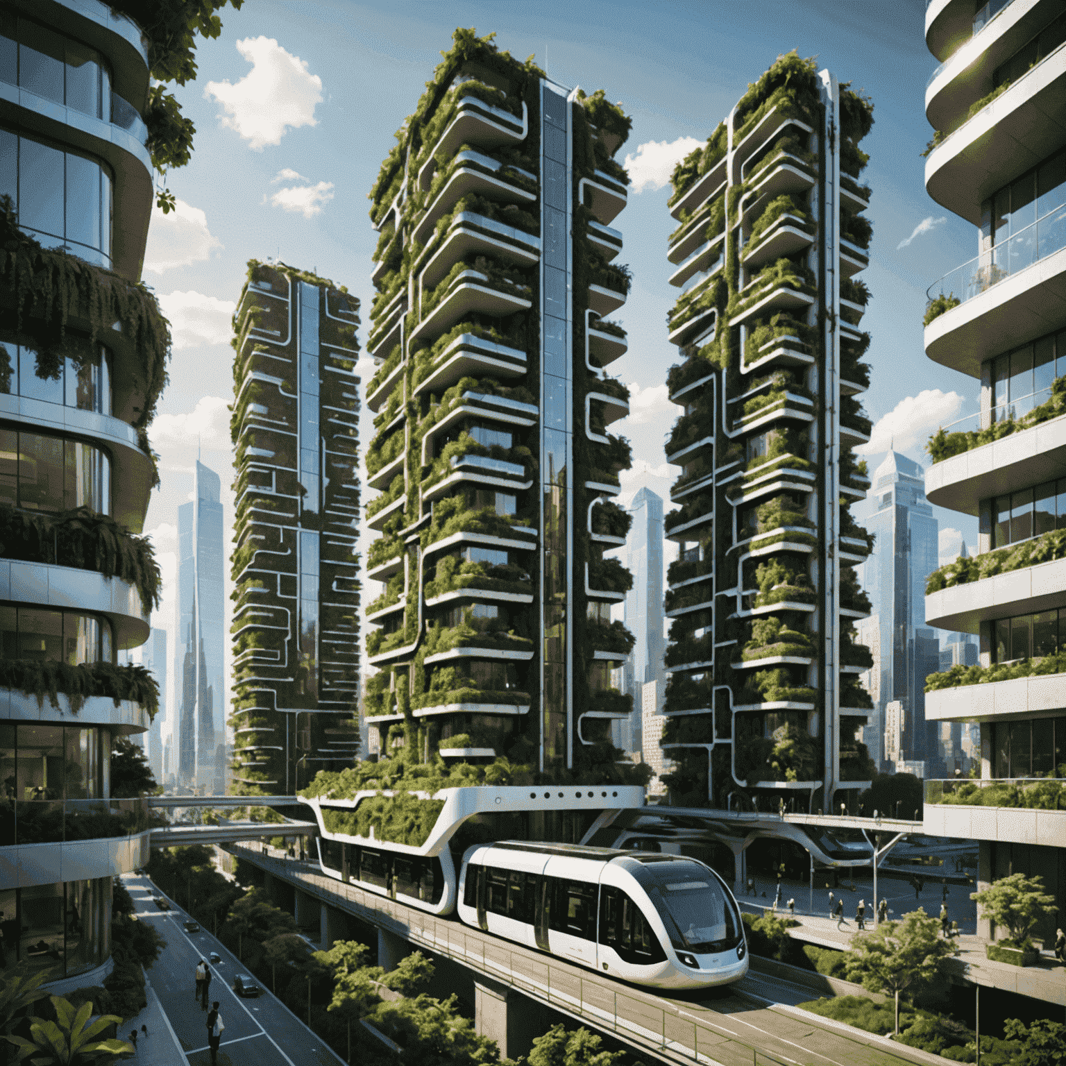 Futuristic eco-friendly cityscape with vertical gardens, solar panels, and electric public transport