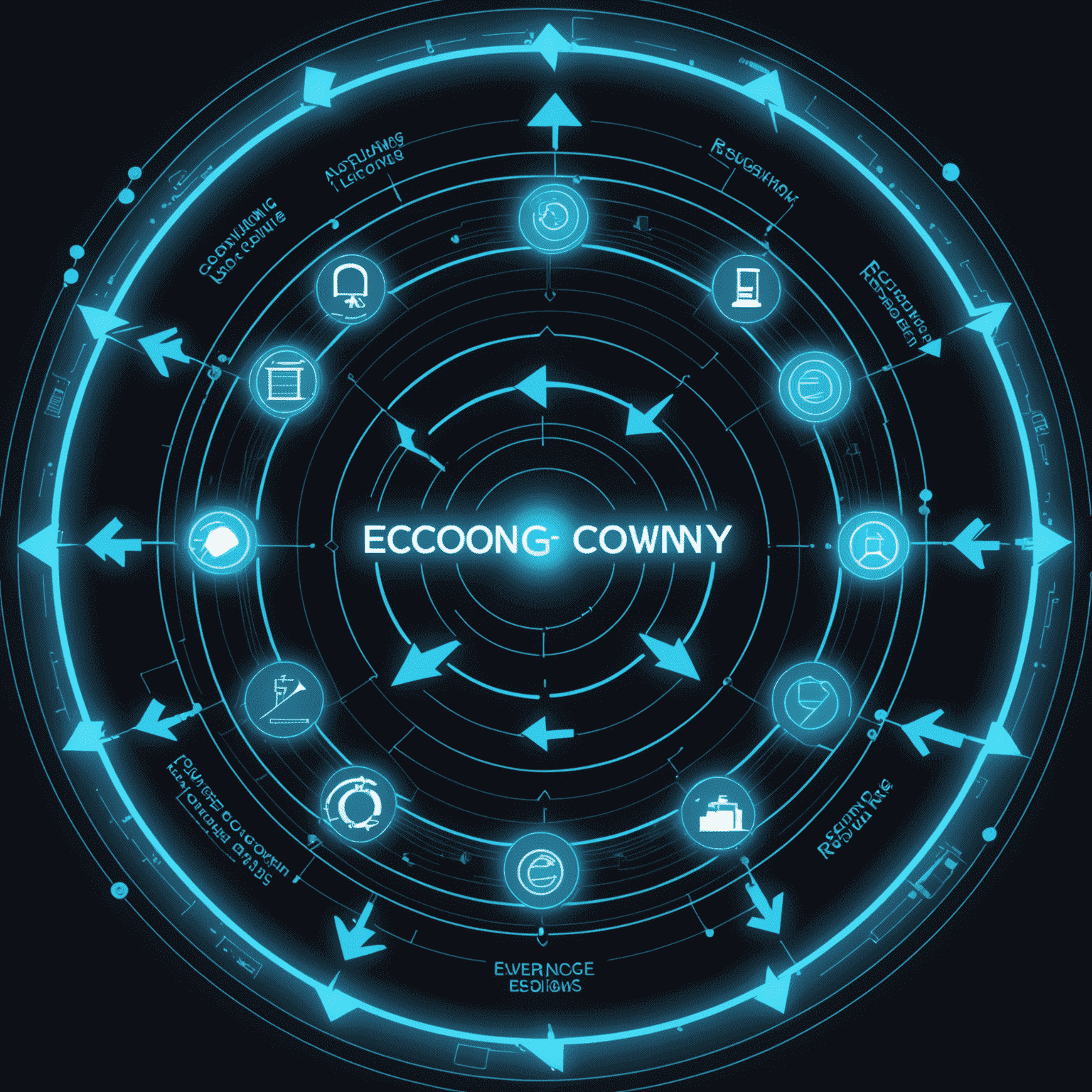 A futuristic diagram illustrating the circular economy concept with glowing blue arrows connecting various industrial processes in a loop, showcasing resource reuse and waste reduction