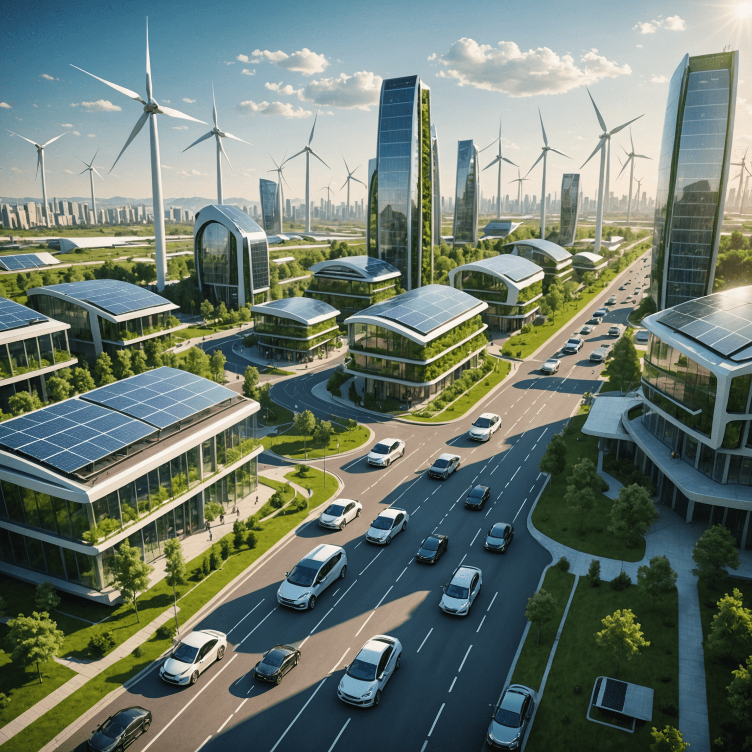 Futuristic green city with solar panels, wind turbines, and electric vehicles, showcasing sustainable urban development