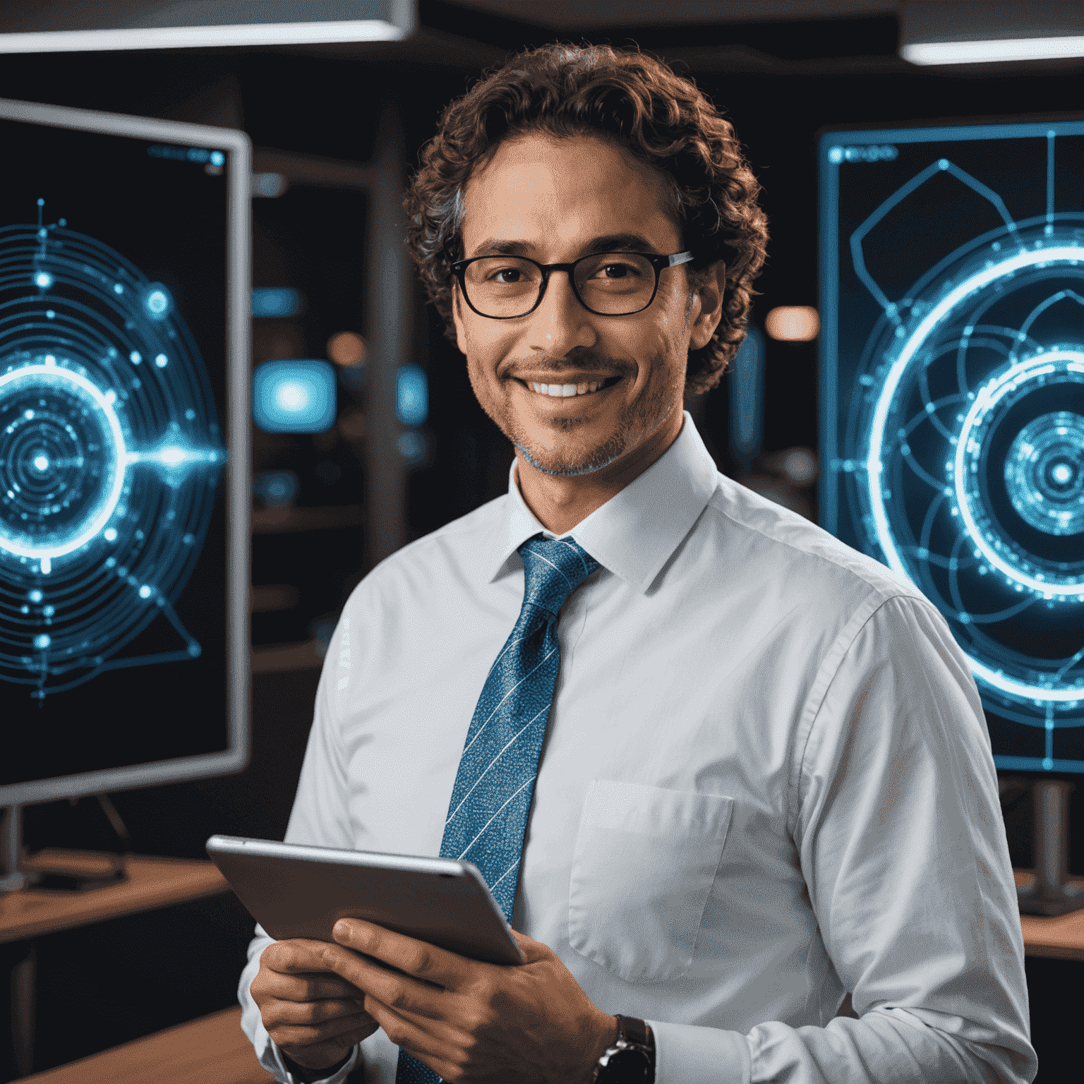 Portrait of Michael Rodriguez, CTO of Terrabank Consulting. He has curly brown hair and glasses, wearing a white shirt with a futuristic, iridescent tie. He's smiling warmly while holding a tablet with holographic projections.