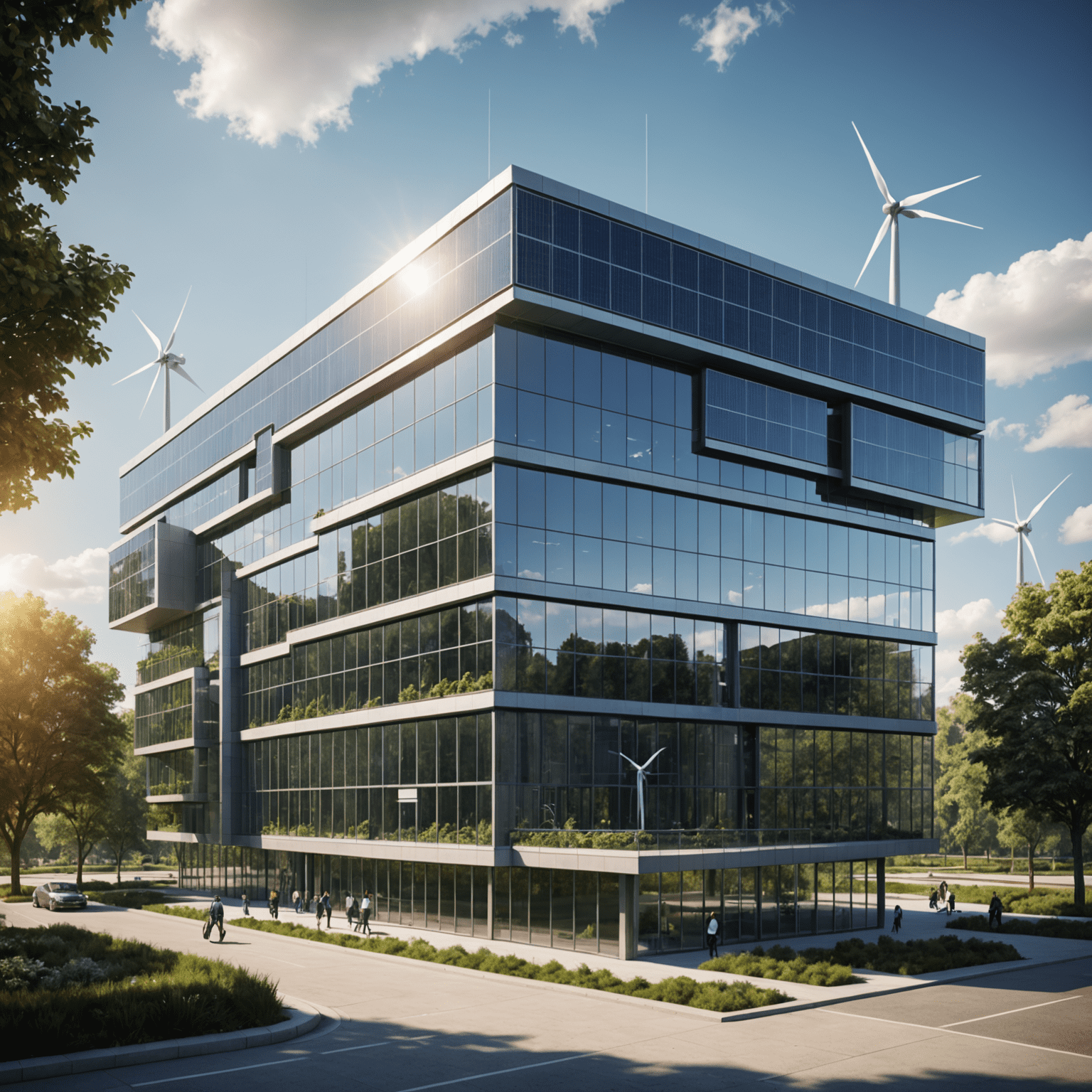 Futuristic office building with integrated solar panels, wind turbines, and energy-efficient design elements representing green energy solutions for businesses