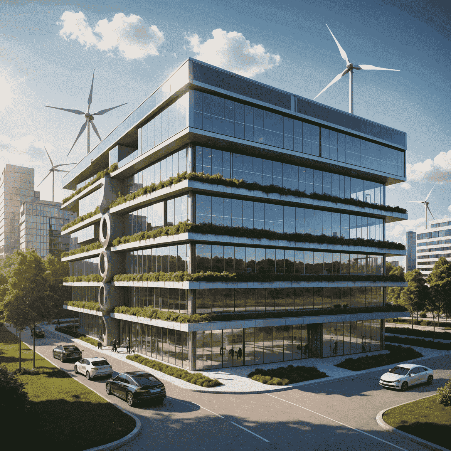 Futuristic office building with integrated solar panels, wind turbines, and energy-efficient design elements representing green energy solutions for businesses