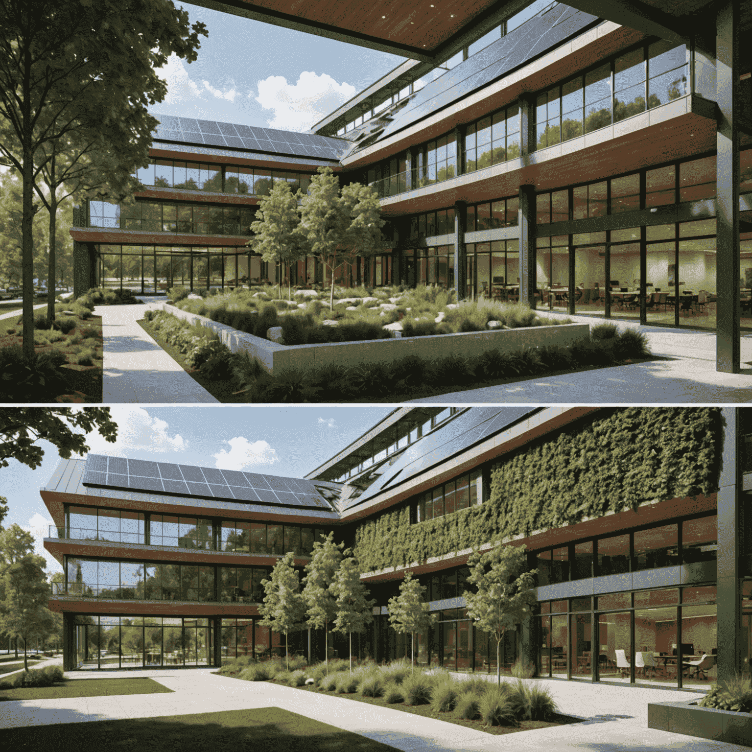 Before and after images of TechInnovate Corp headquarters, showcasing the transformation from a traditional office building to a green energy-powered smart building with solar panels, living walls, and energy-efficient design