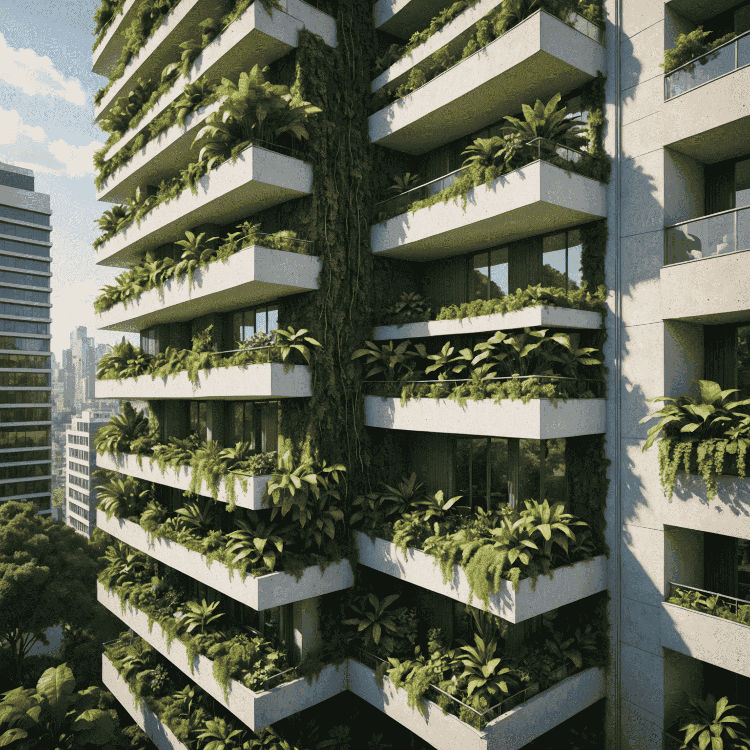 Render of a skyscraper covered in lush vegetation, with balconies full of trees and plants
