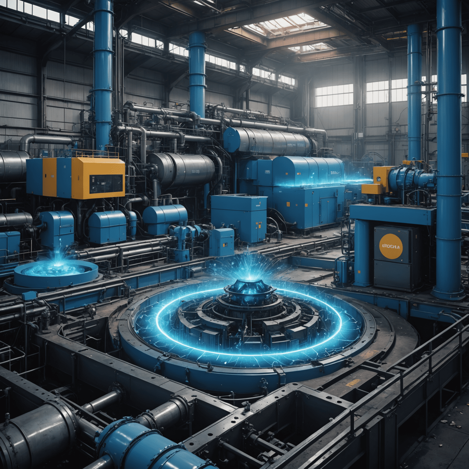 A holographic visualization of various industrial processes transforming waste into valuable resources, with electric blue energy flows connecting different sectors