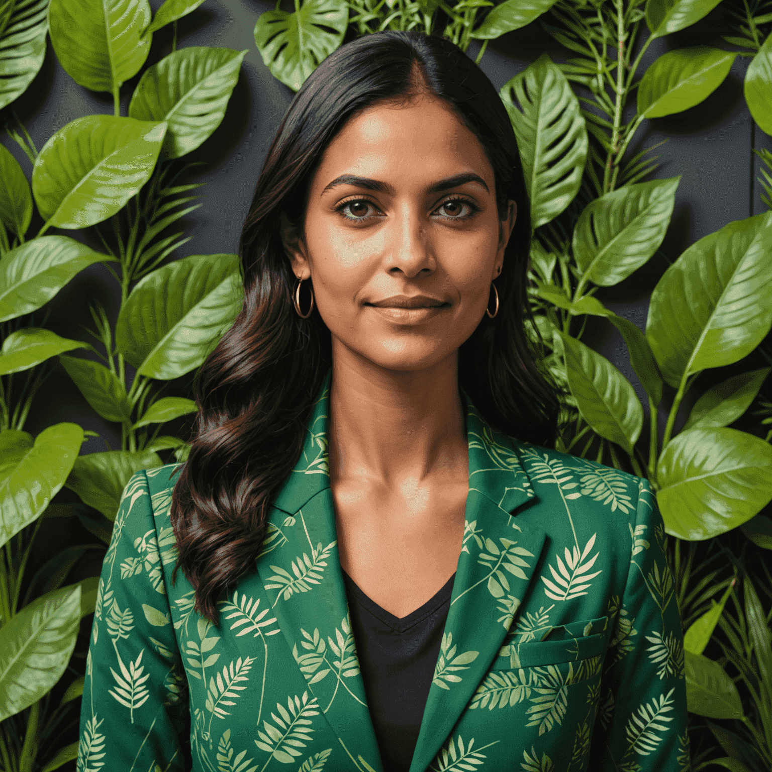 Portrait of Aisha Patel, Head of Sustainability at Terrabank Consulting. She has long dark hair in a sleek ponytail and is wearing a green blazer with geometric patterns. She's standing in front of a wall of living plants, symbolizing her role in sustainability.