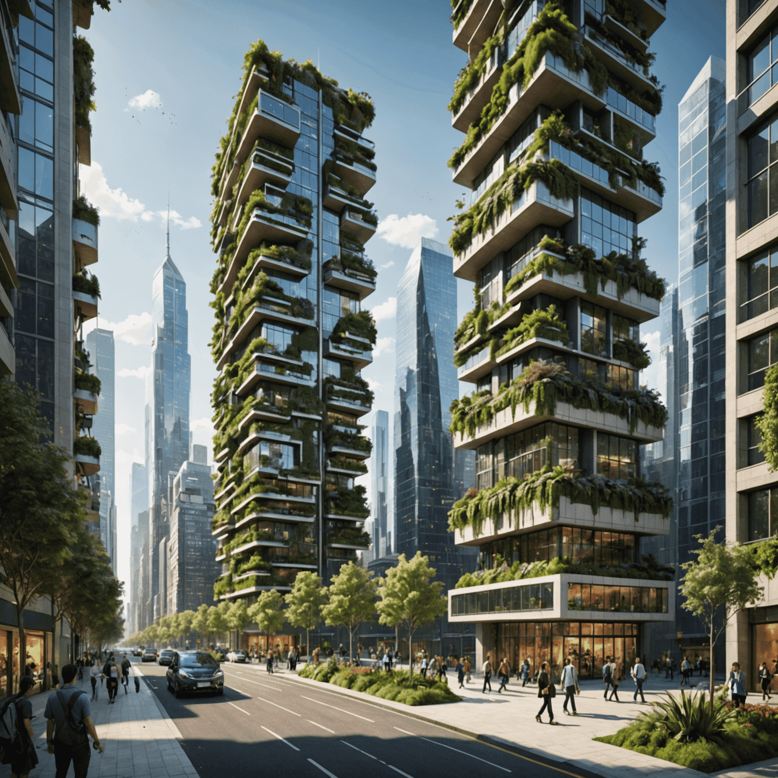 Futuristic cityscape with green spaces, vertical gardens, sustainable transportation, and smart energy systems showcasing urban sustainability initiatives