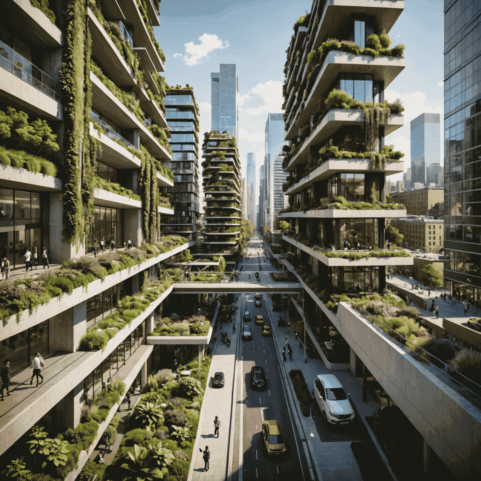 Conceptual cityscape with vertical gardens, green roofs, electric public transport, and pedestrian-friendly zones showcasing urban sustainability initiatives