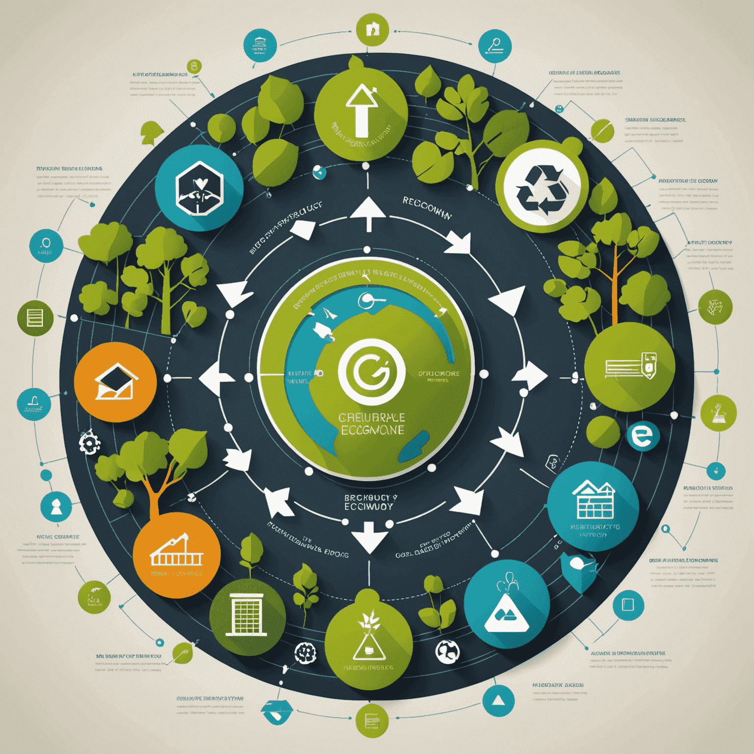 Infographic illustration showing the circular economy process in industry, with arrows connecting recycling, reuse, and sustainable production methods