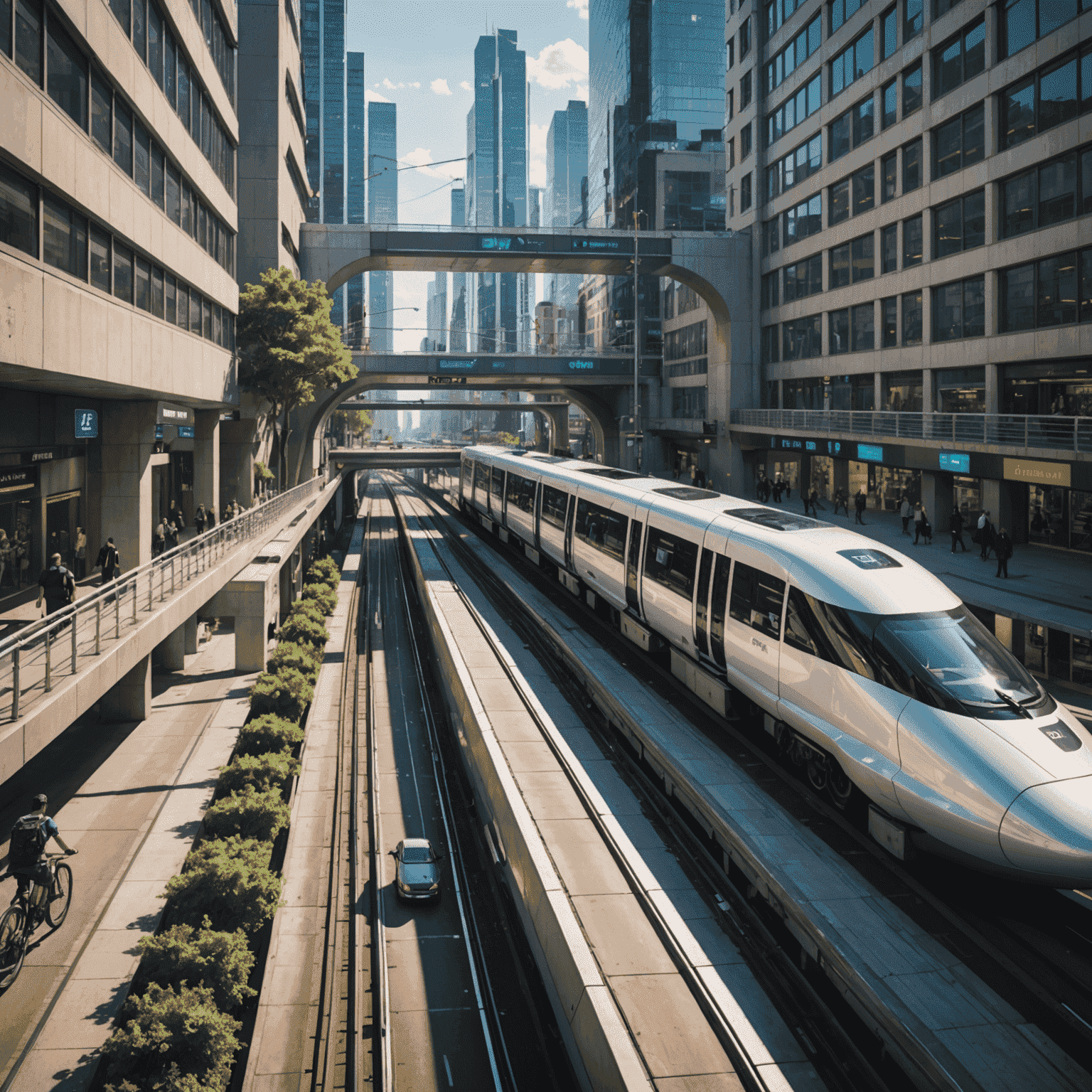 Futuristic cityscape with sleek electric pods on elevated tracks and multi-level bicycle lanes