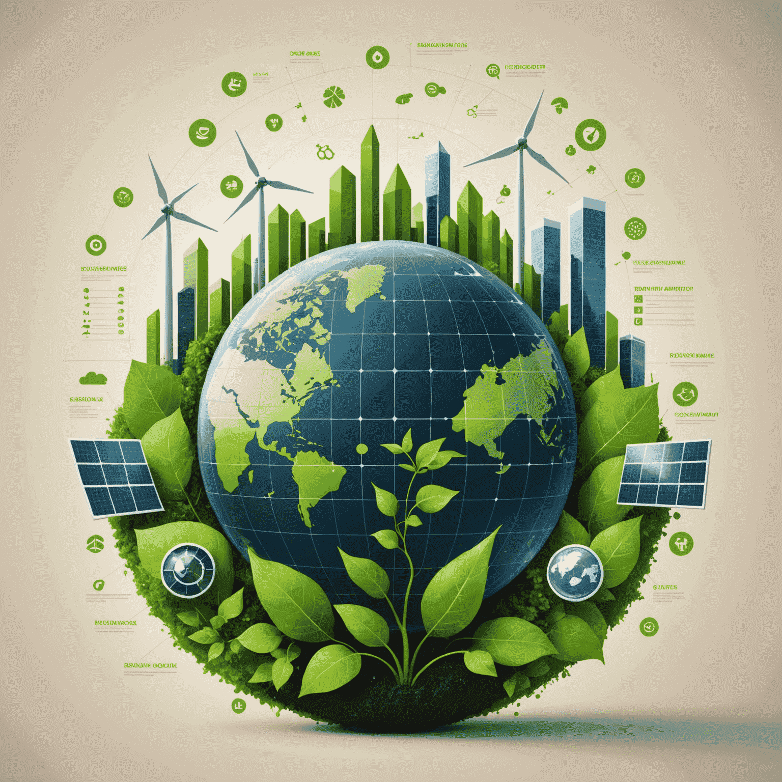 Digital representation of sustainable finance with green stock market graphs, eco-friendly investment icons, and renewable energy symbols