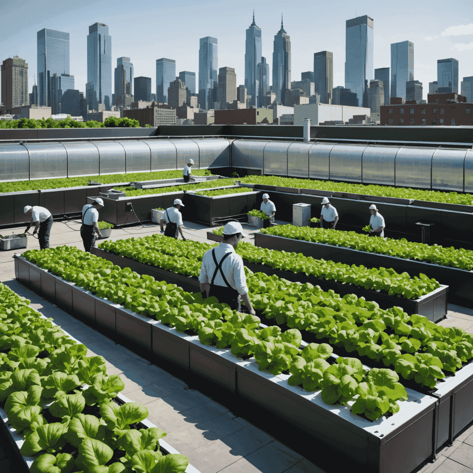 Rooftop garden with high-tech hydroponic systems and workers tending to crops with city skyline in background